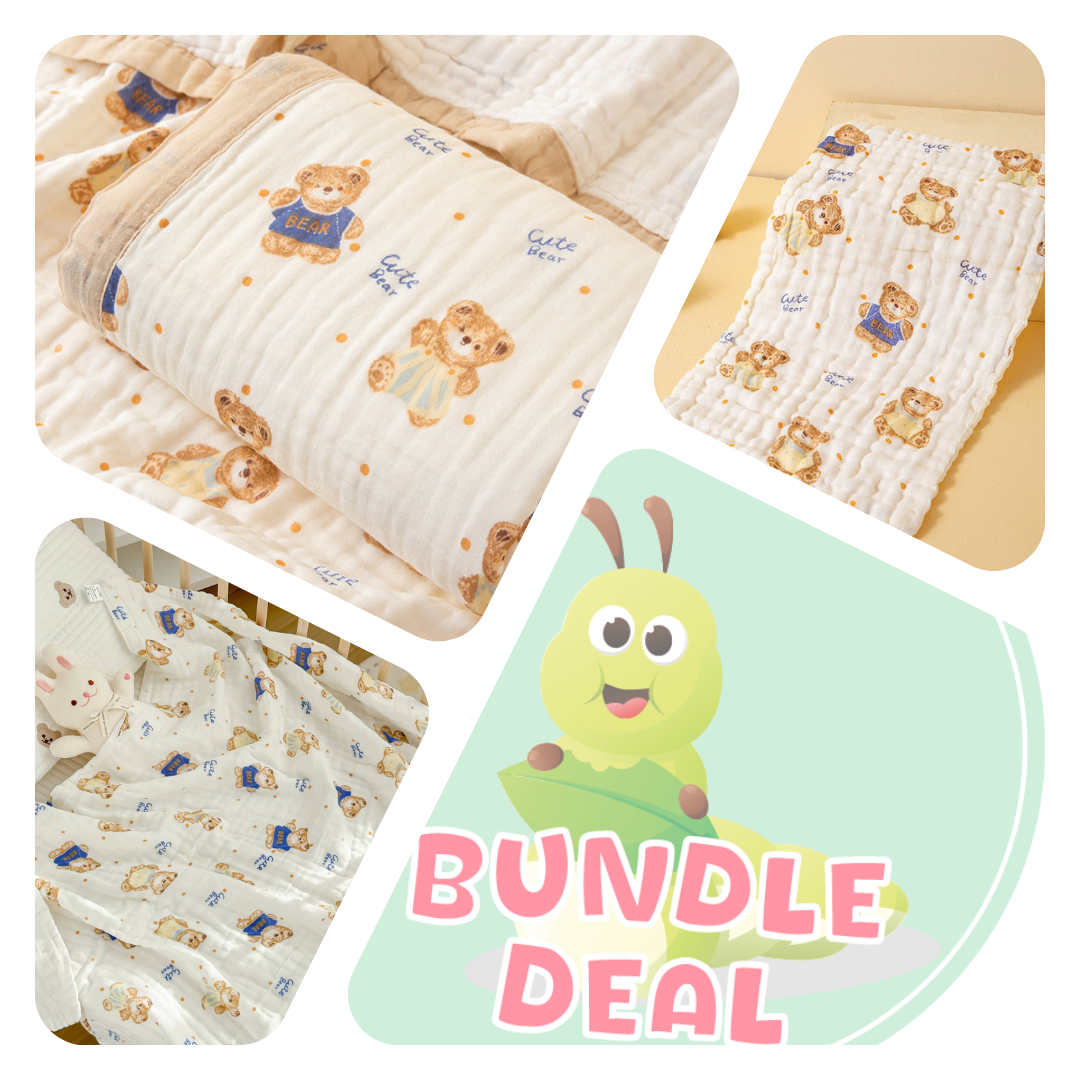 Cute Bear - Bundle Deal - Muslin Blanket, Swaddle Wrap & Burp Cloth