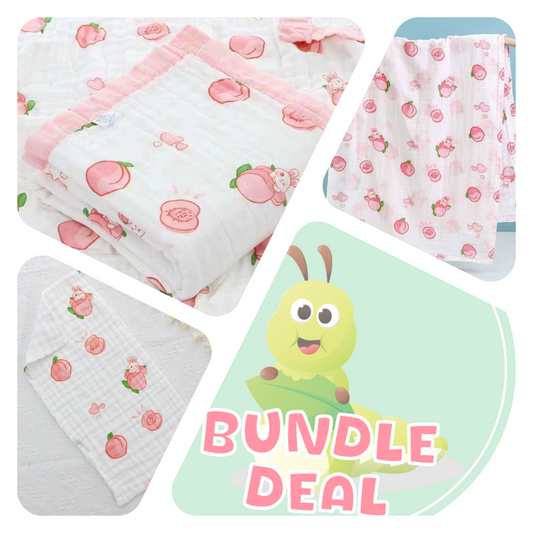 Peach & Little Bunny - Bundle Deal - Muslin Blanket, Swaddle Wrap & Burp Cloth