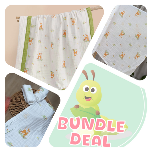 Deer, Oh Dear! - Bundle Deal - Muslin Blanket, Swaddle Wrap & Burp Cloth