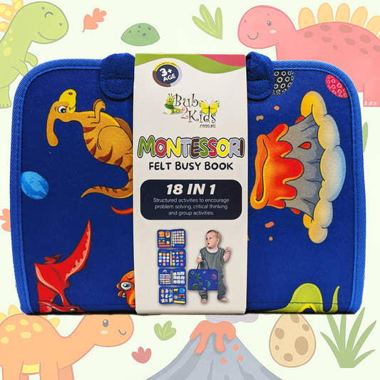 Montessori felt busy book with dinosaur illustrations on a colorful background