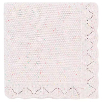 White knitted blanket with multicolored speckles on a white background