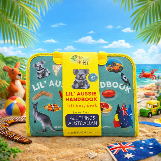 Lil' Aussie Handbook felt busy book with Australian-themed illustrations on a beach background