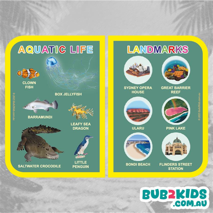 Educational card with aquatic life and landmarks on a textured gray background
