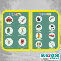 Educational cards for children with illustrations of plants and things, featuring the brand 'Bub2Kids'.