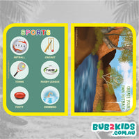 Two cards, one with sports icons and the other with a nature scene, on a textured gray background. Brand 'Bub2Kids' is visible at the bottom.