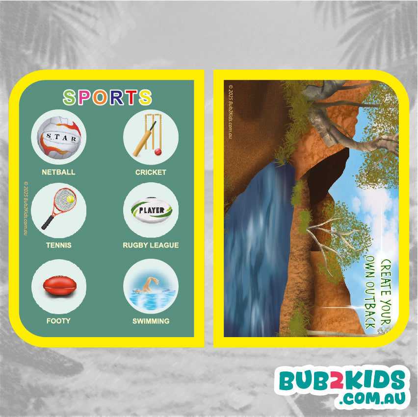 Two cards, one with sports icons and the other with a nature scene, on a textured gray background. Brand 'Bub2Kids' is visible at the bottom.