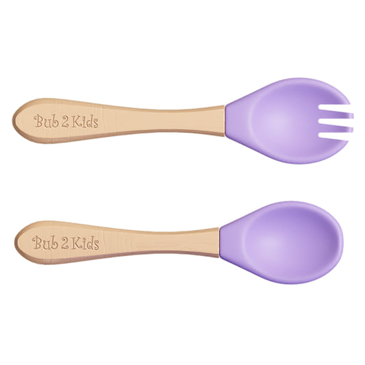 Silicone Spoon and Fork Set with Wooden Handles - Purple Pop